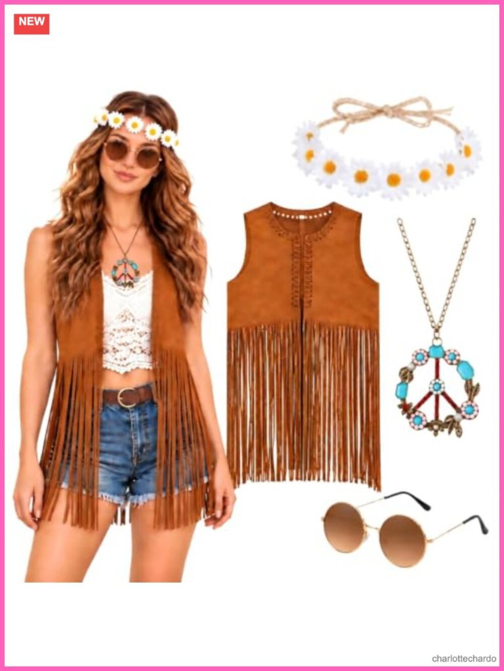 Hippie Fringe Vest Accessories Set Faux Suede 60s 70s Costume for Women